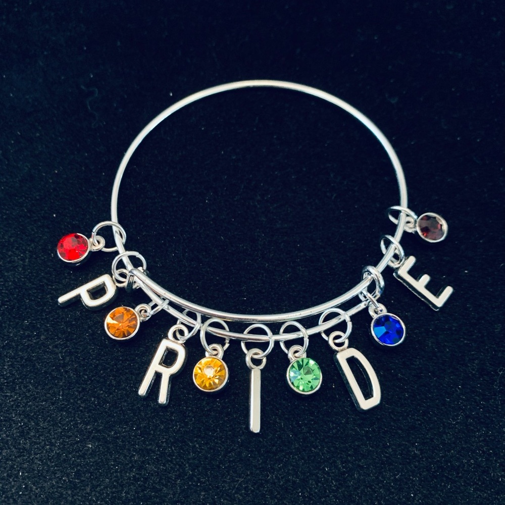 “PRIDE” rainbow colored rhinestone charm bangle bracelet
